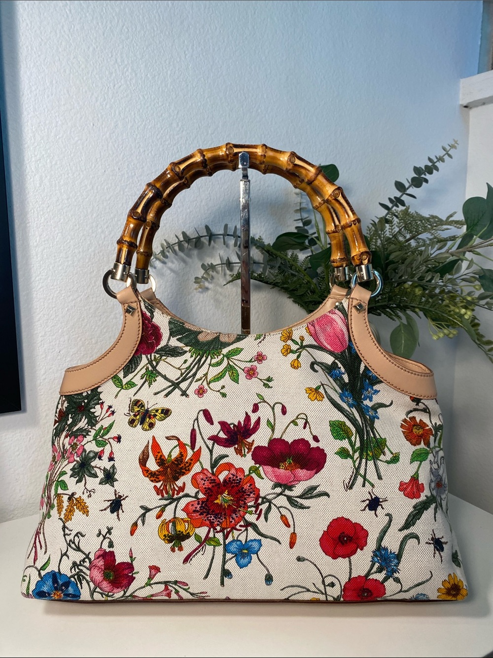 GUCCI Floral Dual Handle Bamboo Canvas/Leather Satchel - Picture 3 of 14